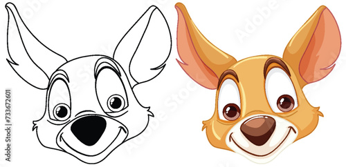 Illustration of a dog's transformation from line art to color