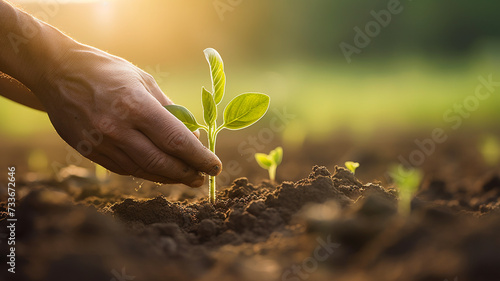 farmer's hand planting seedling in the ground