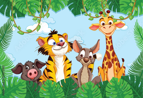 Fototapeta Naklejka Na Ścianę i Meble -  Cartoon animals smiling in a lush jungle setting