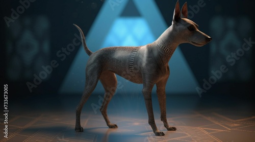 AI generated illustration of a Xoloitzcuintle dog in a futuristic temple