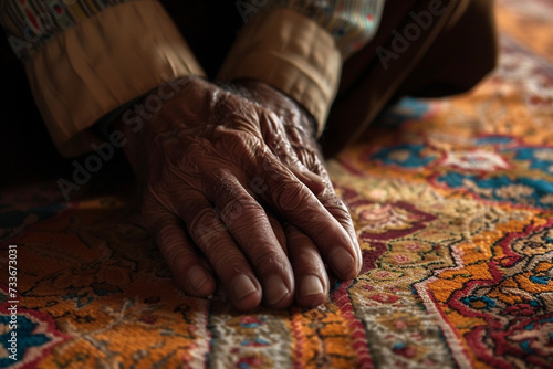 close-up shot of hands resting on a prayer rug in deep reflection, capturing the intimacy and sincerity of personal prayer