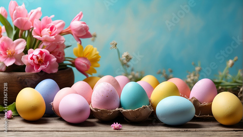 Spring concept. Colorful background of Easter with colored eggs on a wooden table with copy space