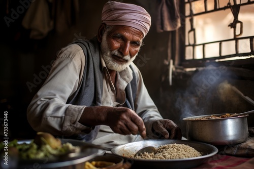 
Photograph a 55-year-old Indian man tasting a plate of rajma chawal at a rustic dhaba on the outskirts of Punjab photo