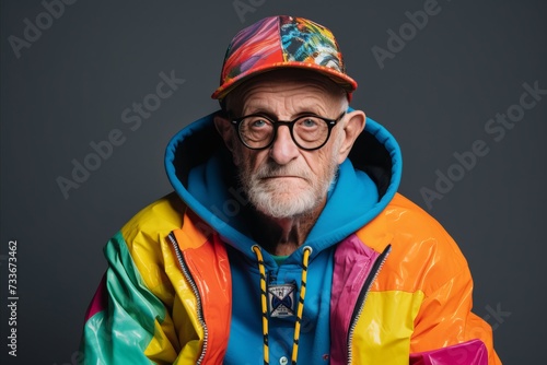 Cool senior man in a colorful jacket and cap. Studio shot.