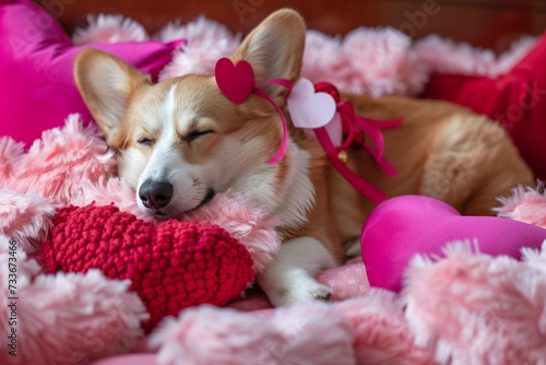 A corgi dog taking a nap amidst a cozy setting filled with pink, red hearts pillows. 