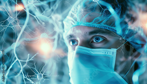 Close-up of a male surgeon wearing surgical cap and mask, with a double exposure neural network graphic.  photo