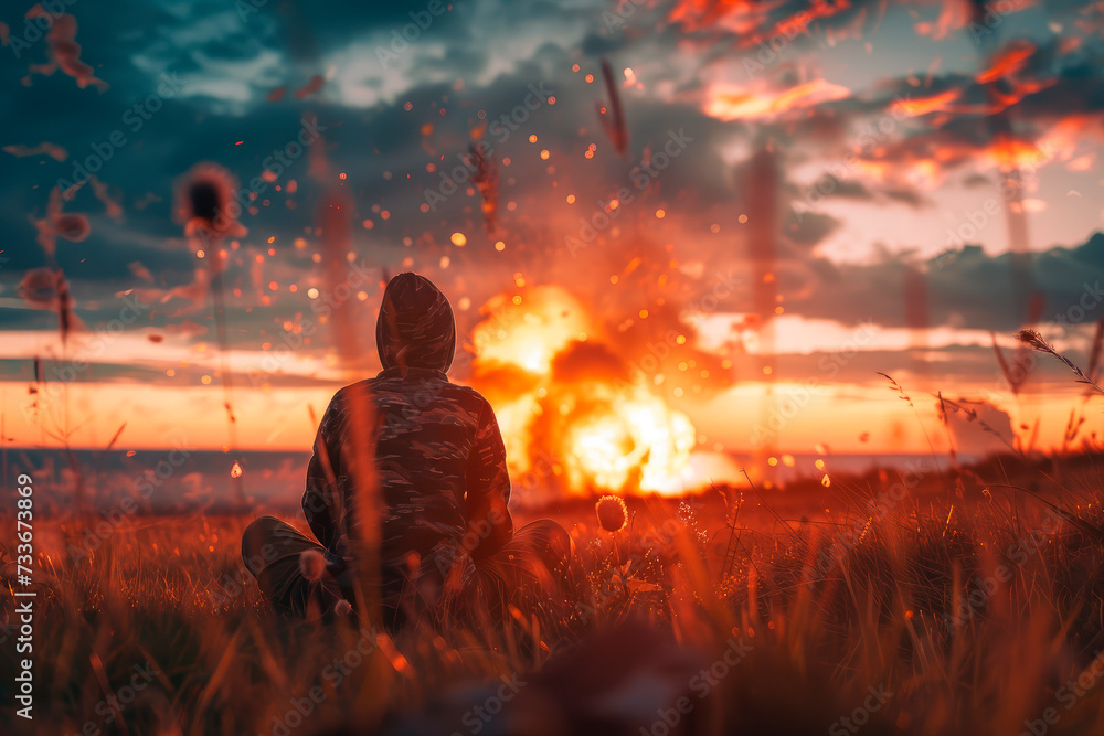 Obraz premium Back view of a lonely person is sitting on the grass watching an explosion. War, enemy attack concept.