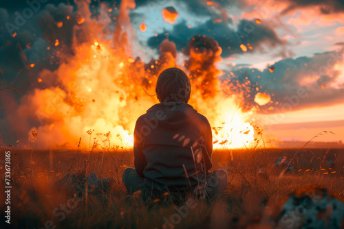 Back view of a lonely person is sitting on the grass watching an explosion.