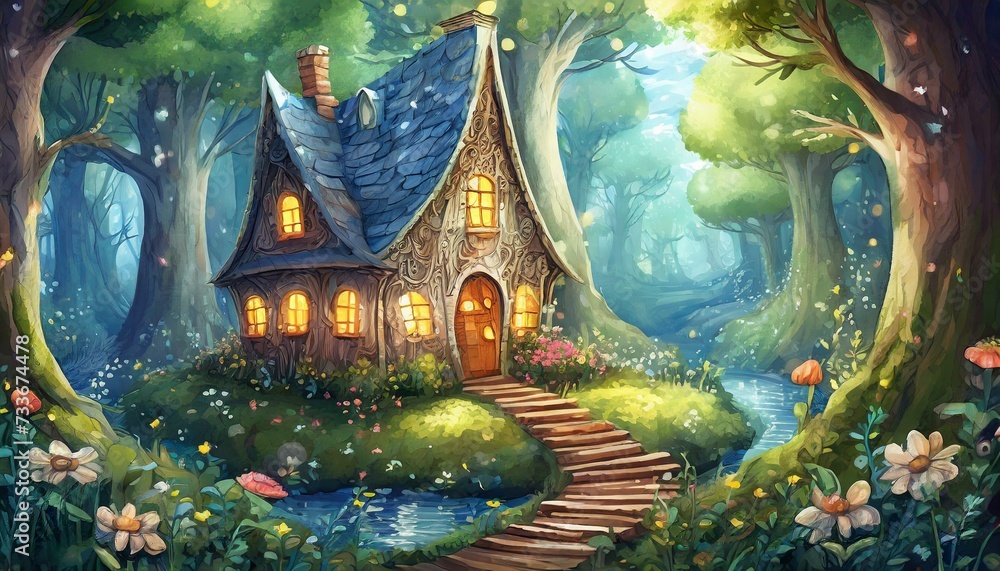 fairy tale castle wallpaper cozy little house in a magical woods on the pages of a fairy tale book