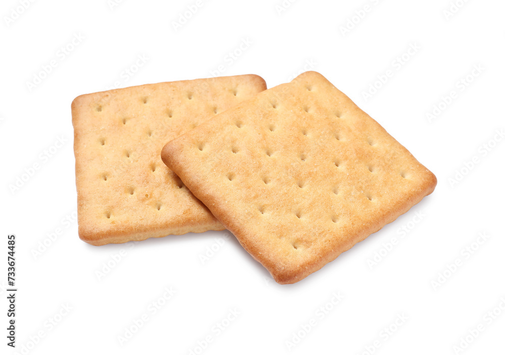 Two crispy crackers isolated on white. Delicious snack Two crispy crackers isolated on white. Delicious snack