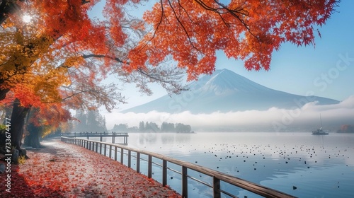 Experience the magic of Autumn at Lake Kawaguchiko, where the red leaves dance in the morning fog, offering a picturesque view of Mount Fuji
