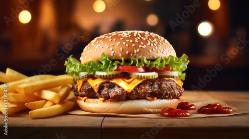 Classic hamburger on a wooden plate and French fries at the back on Burger Shop background. photo