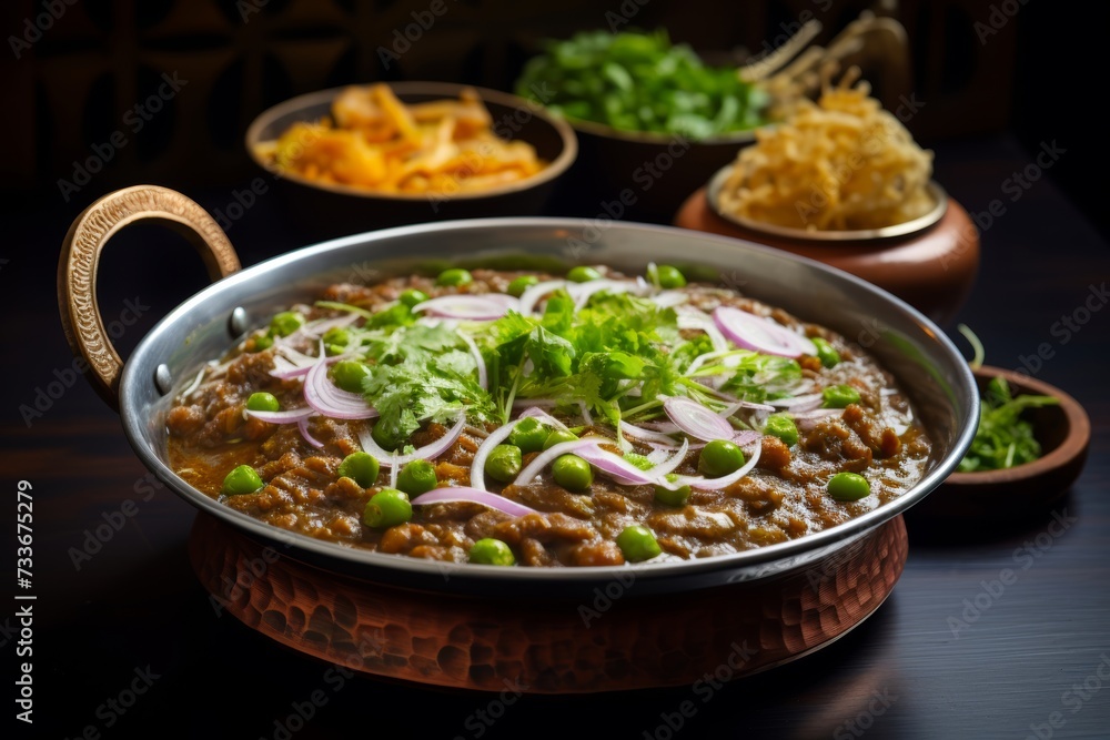 
Photograph a bowl of comforting Uttar Pradesh-style chole kulche, served in a classic steel katori, garnished with chopped onions and green chilies, against a backdrop of bustling city streets
