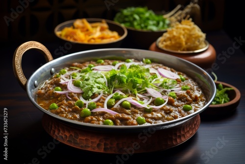 
Photograph a bowl of comforting Uttar Pradesh-style chole kulche, served in a classic steel katori, garnished with chopped onions and green chilies, against a backdrop of bustling city streets