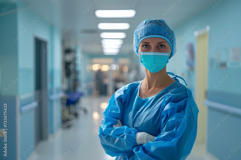 Doctor in a cap and mask standing against the background of a bright hospital room Doctor in a cap and mask standing against the background of a bright hospital room