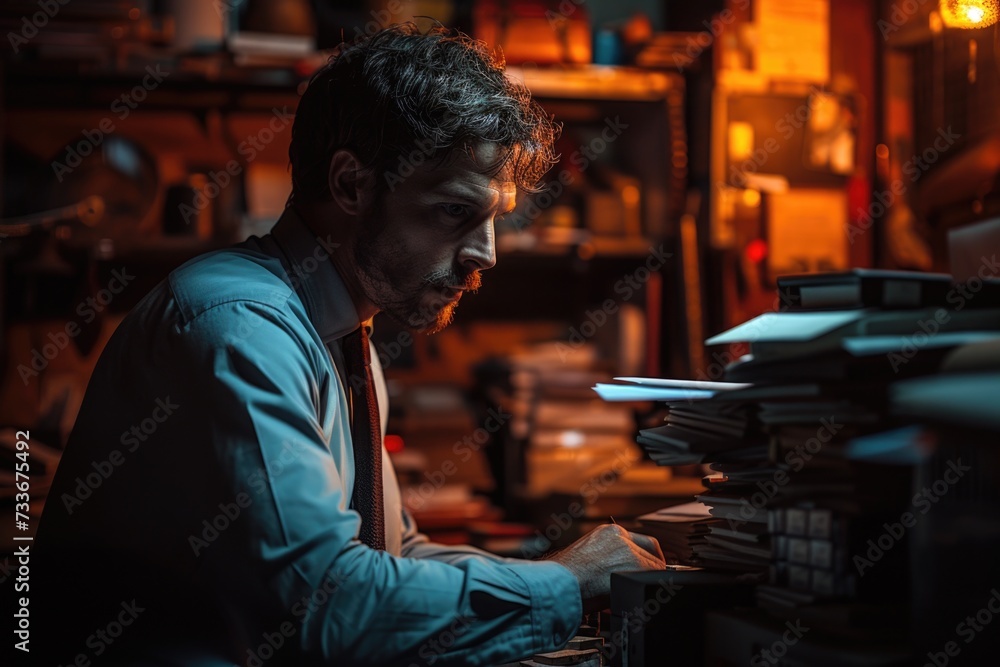 In the dim glow of the evening, a man with a day's stubble intensely focuses on typing, surrounded by towering stacks of books, the very image of dedication against a backdrop of warm amber light.