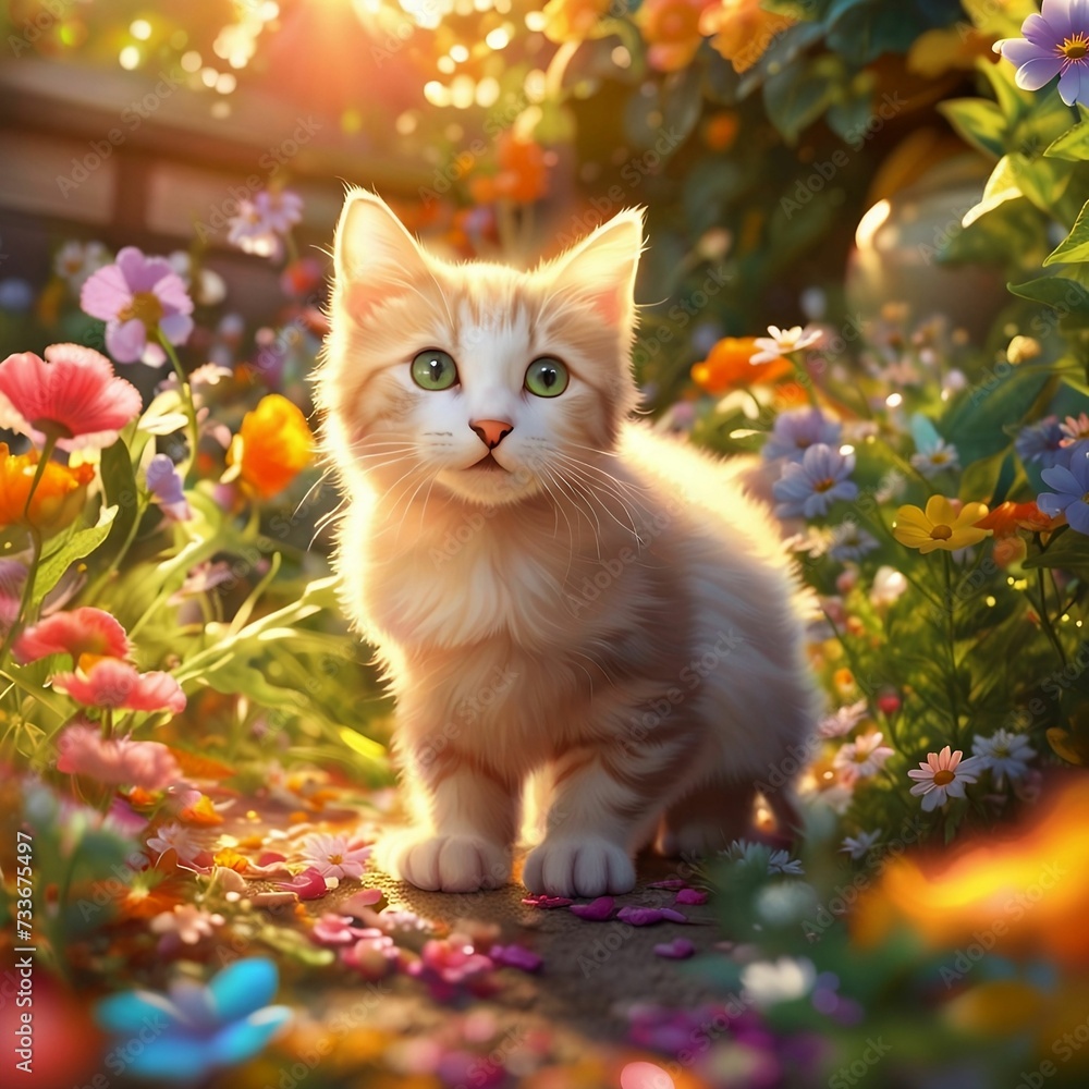 AI generated illustration of a cat looking with colorful spring flowers in the foreground AI generated illustration of a cat looking with colorful spring flowers in the foreground