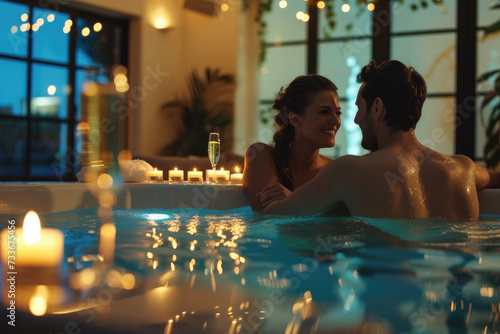 Couple in love enjoys a romantic spa experience with champagne and ambient candle lighting © Kien