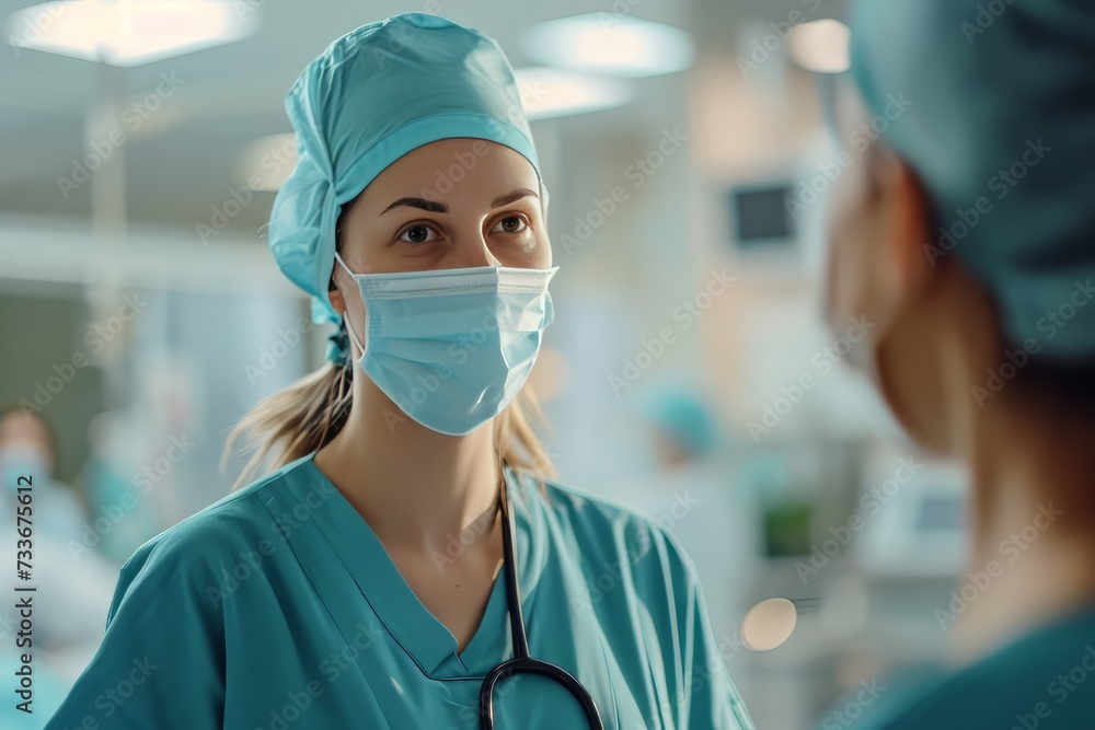 A doctor in a cap and mask talks to nurse against the background of a bright hospital room A doctor in a cap and mask talks to nurse against the background of a bright hospital room