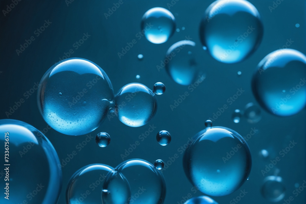 A macro shot of translucent blue bubbles representing a concept of cells or molecules in a liquid medium