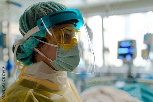 A doctor in a cap and mask stands over a patient's bed against the background of a hospital room