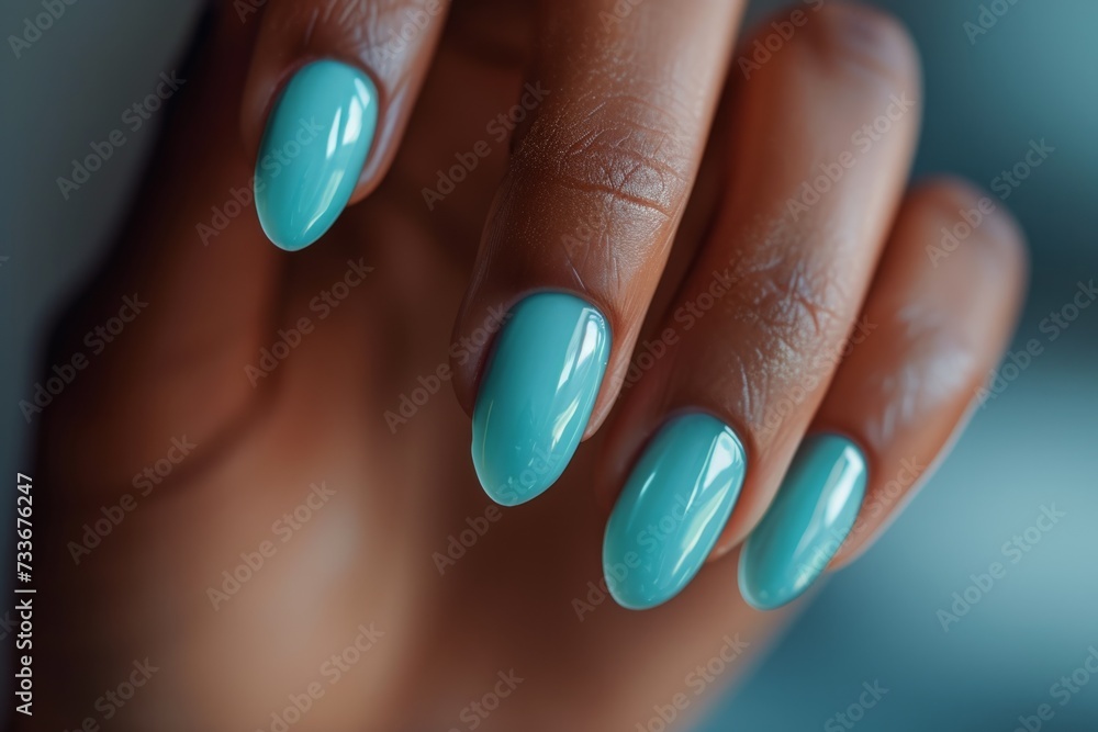 Closeup Of Stylish Womans Manicured Hand With Ice Blue Nail Polish Closeup Of Stylish Womans Manicured Hand With Ice Blue Nail Polish