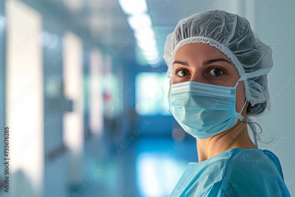 Doctor in a cap and mask standing against the background of a bright hospital room