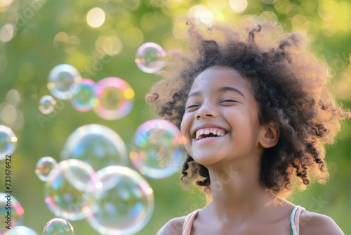 African American Girl Revels In Playful Bliss With Soap Bubbles