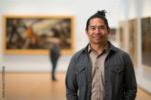 Photograph a modern Indigenous man, aged 40, dressed in a button-down shirt and khaki pants, standing in front of a contemporary art gallery photo