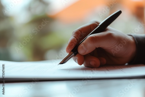 Person signing document with fountain pen in home office or co-working space