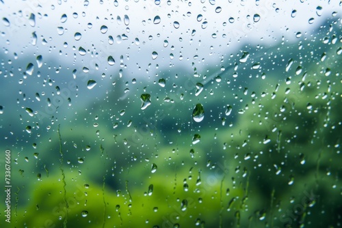 Rainy Landscape With Blurred Forest Backdrop And Raindrop On Windowpane