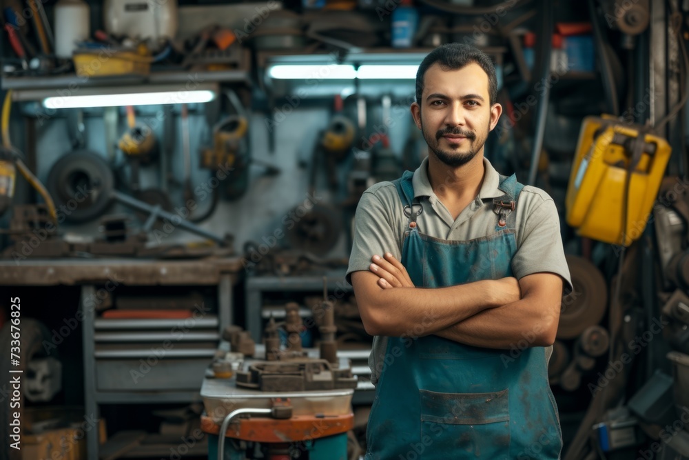 Skilled Male Auto Mechanic Poses Confidently In His Bustling Repair Shop