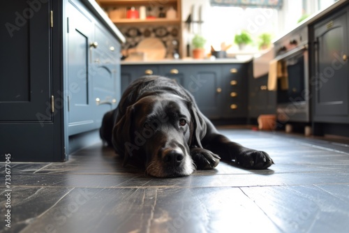 Abrador Dog Lying In Kitchen photo