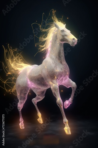 AI generated illustration of a majestic white horse with glowing hair flowing behind