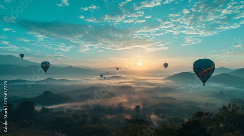 Hot air balloons flying over a beautiful landscape with mountains in the distance at sunrise.