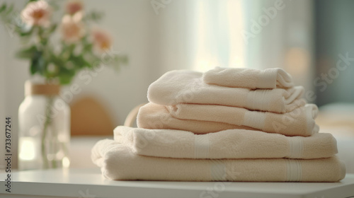 The pile of clean beige towels on the table in the bed