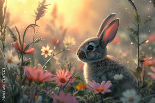 Enchanting Spring Meadow With Adorable Bunny Amidst Blooming Flowers © Anastasiia