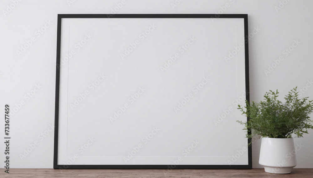 Minimalist interior with a blank black-framed canvas and a potted plant on wooden surface. Minimalist interior with a blank black-framed canvas and a potted plant on wooden surface.
