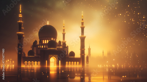 Ramadan mosque at golden dusk background, neural network generated image
