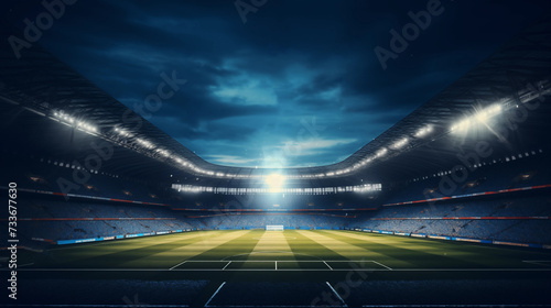 Soccer stadium at night with bright spotlights, ready for match. 3D rendering.