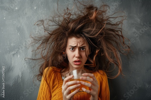 Anxious Woman With Tousled Hair, Holding Cocktail Glass With Shaky Hands