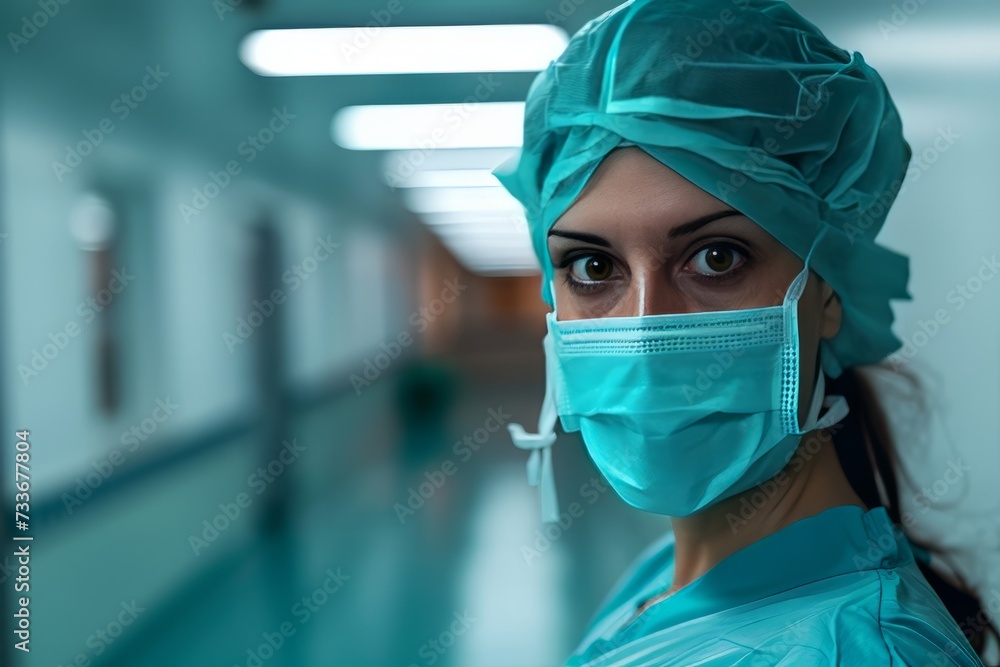 Nurse in a cap and mask standing against the background of a bright hospital room Nurse in a cap and mask standing against the background of a bright hospital room