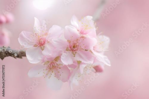 Flower branch with white petals and yellow stamen on twig. Pink neat flowers on branches of cherry tree.