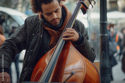 Soulful Street Serenade: Afro-American Musician Playing Double Bass
