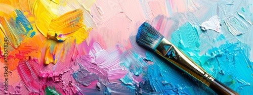 Palette and paintbrush with vivid colors displayed on a lightly defocused background, offering a positive and creative atmosphere with copious copy space - Concept of art and creativity
 photo