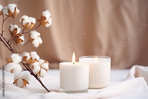 Table with cotton flower and aroma candles near bright wall background