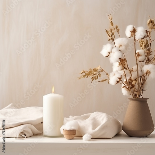 Table with cotton flower and aroma candles near bright wall background