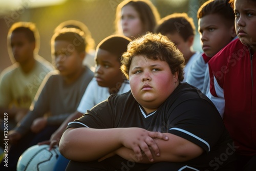  Photograph an obese boy, 10 years old, of Caucasian ethnicity, sitting on the sidelines during a soccer game, watching her friends play