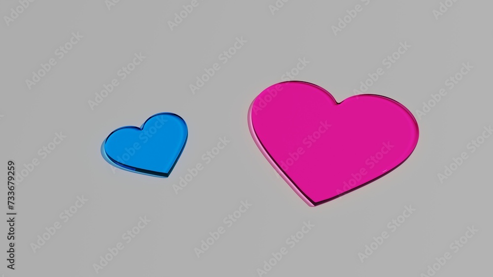 Dwa szklane niebieskie różowe serca na szarym tle - obrazy, fototapety, plakaty 
