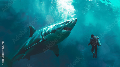 Diver And Great White Shark